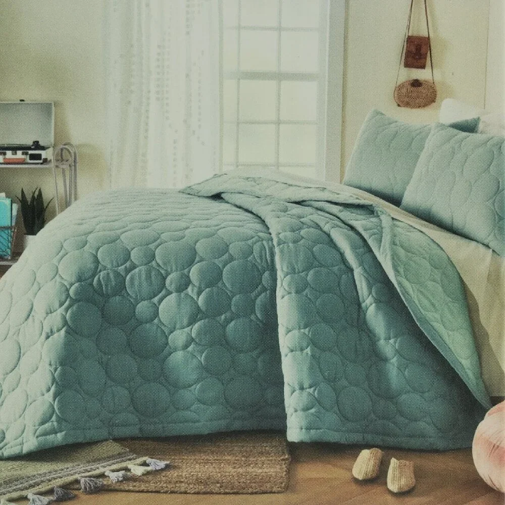 GREEN BUBBLE Wild Sage Jamie Gauze Daisy 100% Cotton 110x96 KING Quilt + 2 Shams